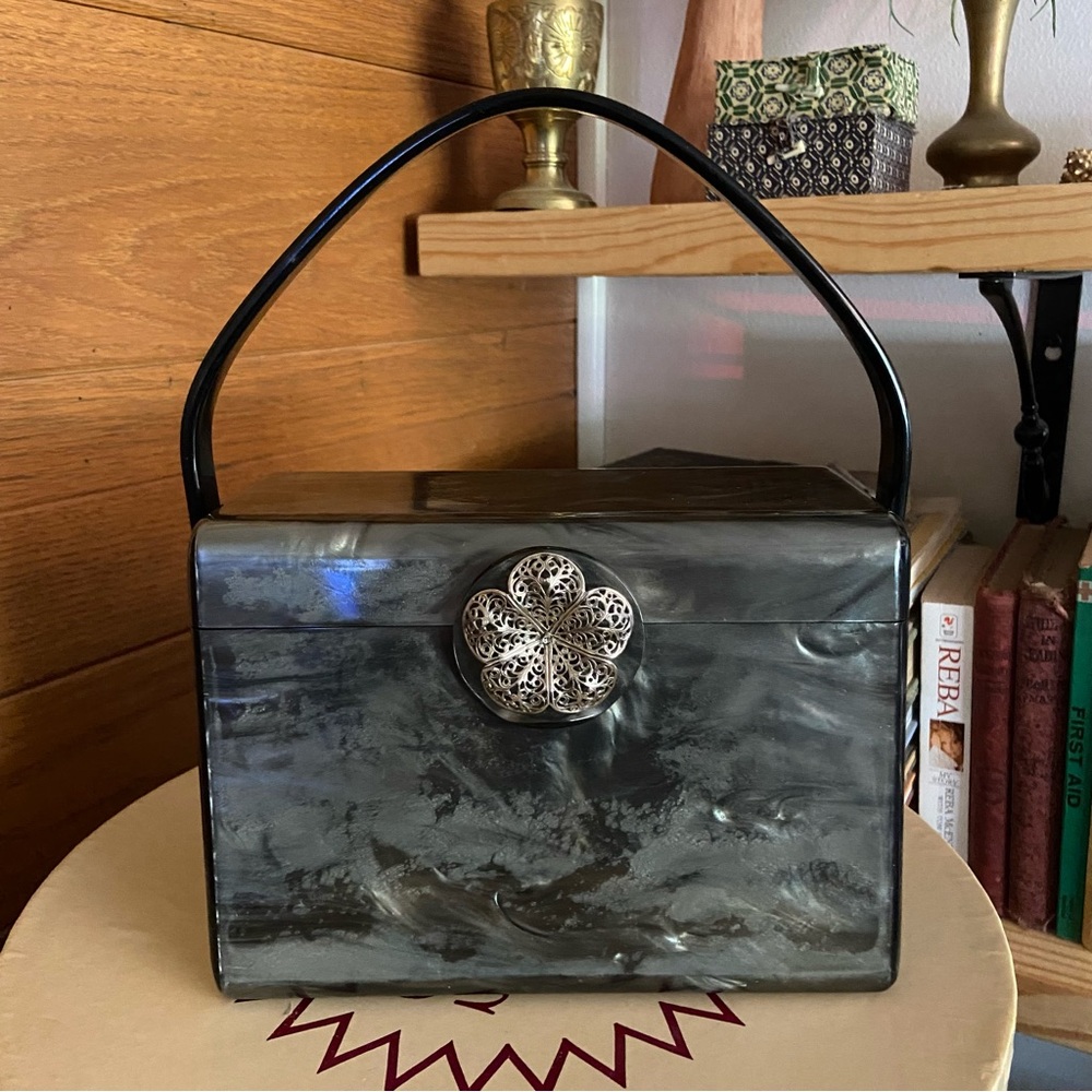 Vintage 1950s Wilardy lucite black gray marbled silver floral box bag